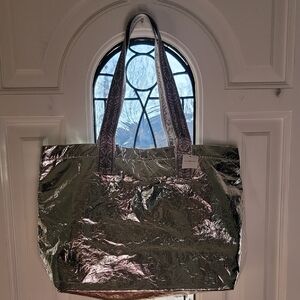 NWT Tory Burch Metallic Silver Tote Bag